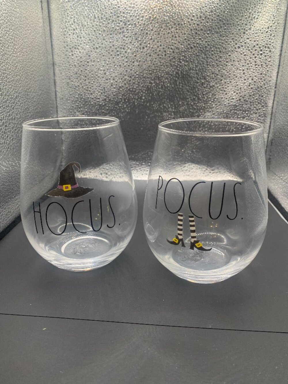Set of 2 Clear Stemless Wine Glasses " Hocus Pocus" Halloween themed